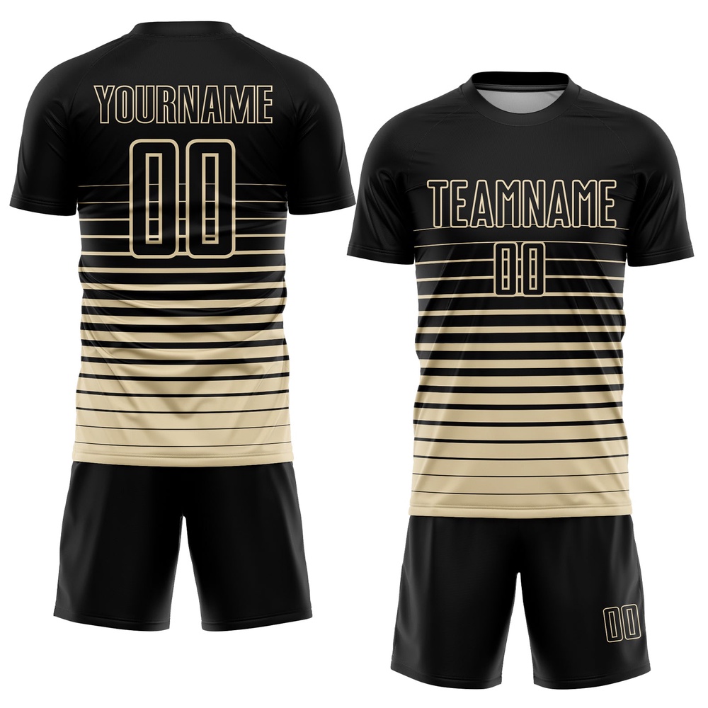 Black Cream Pinstripe Fade Fashion Sublimation Soccer Uniform Jersey, Custom Team Soccer Jersey Shirt