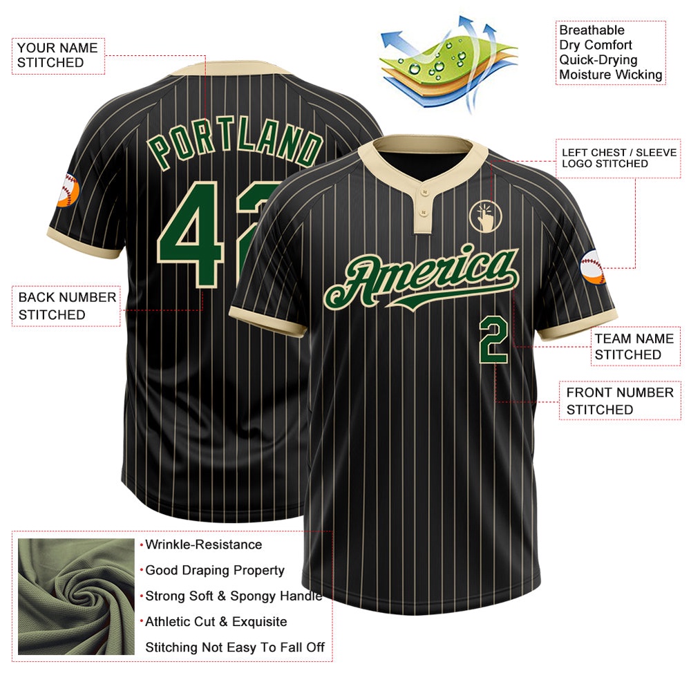 Black Cream Pinstripe Green Two Button Unisex Softball Jersey, Custom Team Softball Jersey