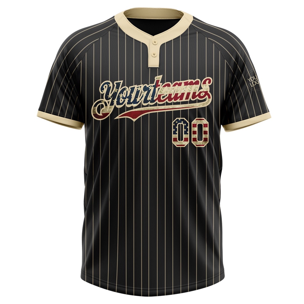 Black Cream Pinstripe Vintage USA Flag Two Button Unisex Softball Jersey, Custom Team Softball Jersey