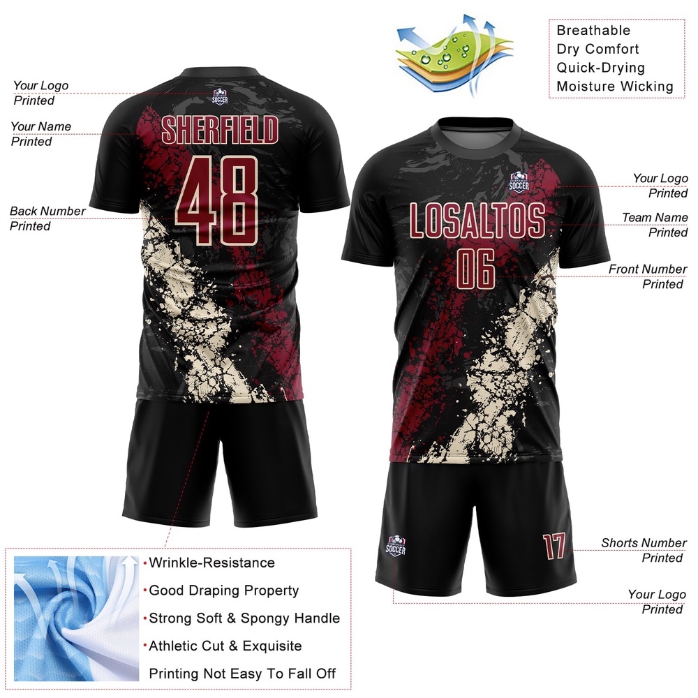 Black Crimson Cream Sublimation Soccer Uniform Jersey, Custom Team Soccer Jersey Shirt