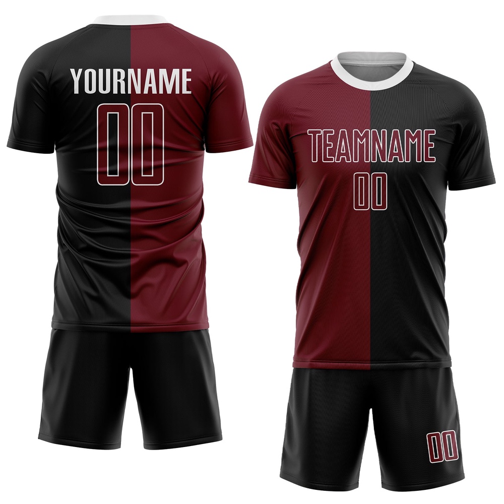 Black Crimson White Sublimation Split Fashion Soccer Uniform Jersey, Custom Team Soccer Jersey Shirt