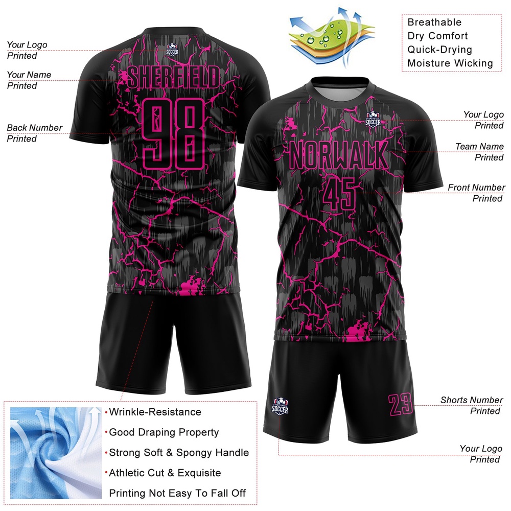 Black Deep Pink Lightning Sublimation Soccer Uniform Jersey, Custom Team Soccer Jersey Shirt