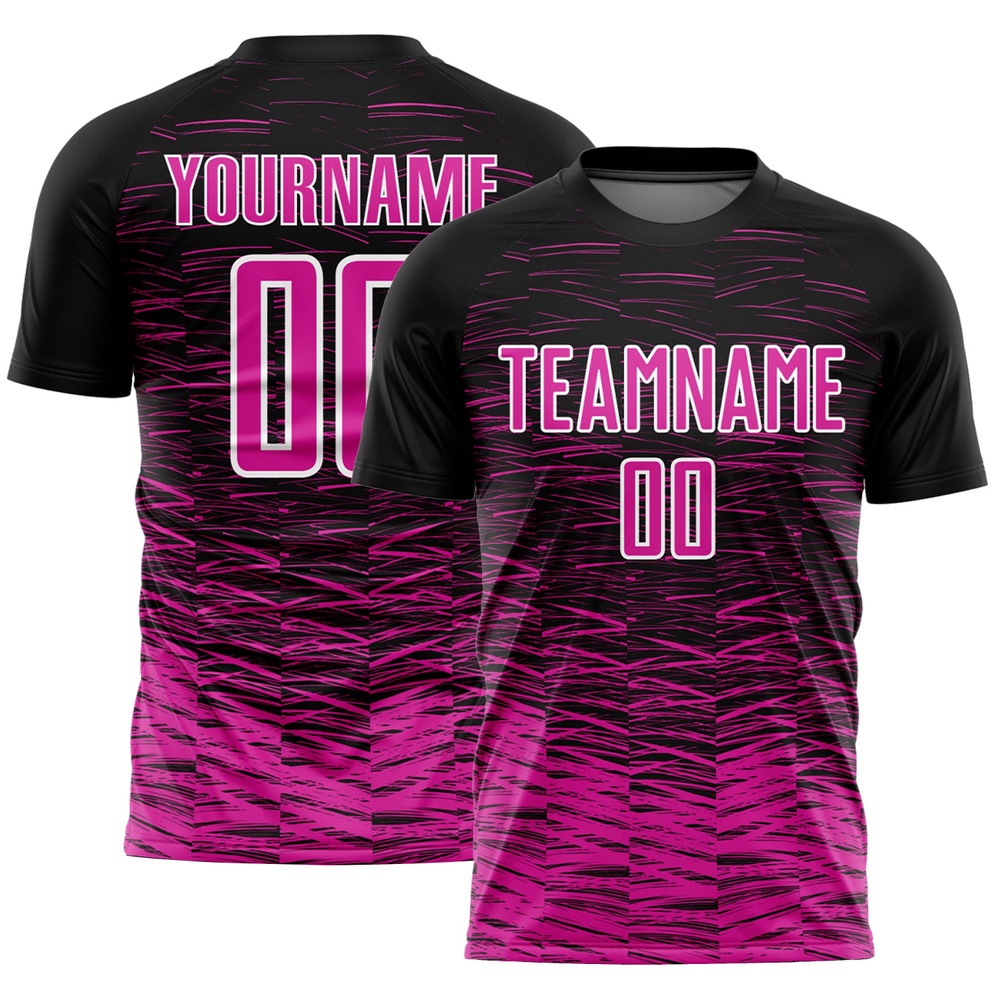 Black Deep Pink White Line Sublimation Soccer Uniform Jersey, Custom Team Soccer Jersey Shirt