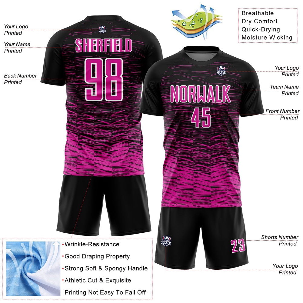 Black Deep Pink White Line Sublimation Soccer Uniform Jersey, Custom Team Soccer Jersey Shirt