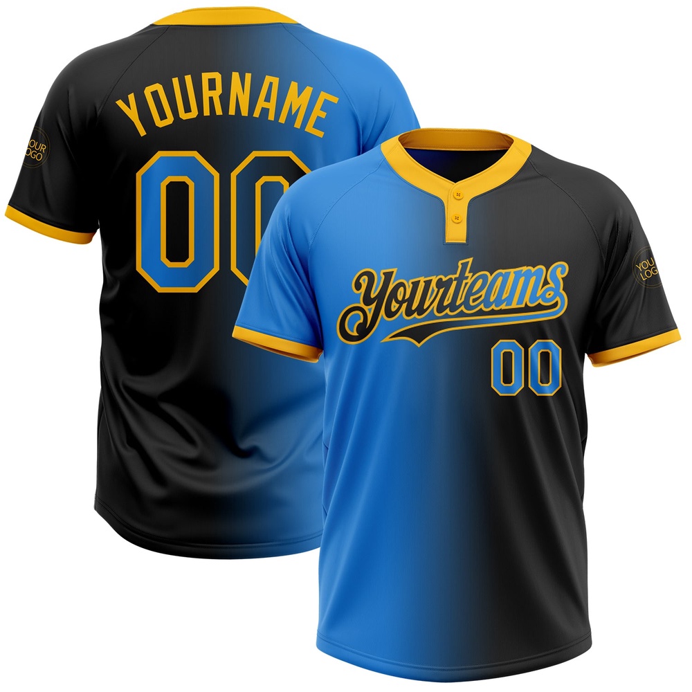 Black Electric Blue Gold Gradient Fashion Two Button Unisex Softball Jersey, Custom Team Softball Jersey