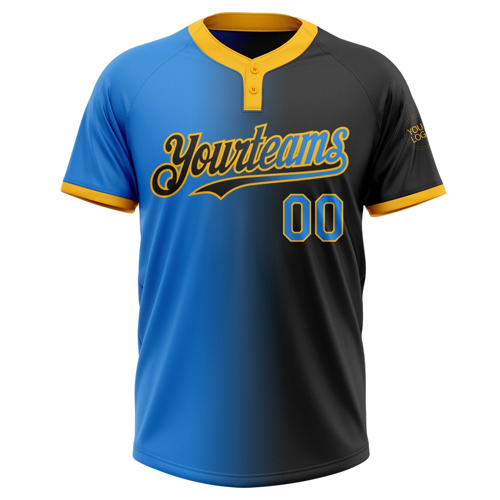 Black Electric Blue Gold Gradient Fashion Two Button Unisex Softball Jersey, Custom Team Softball Jersey