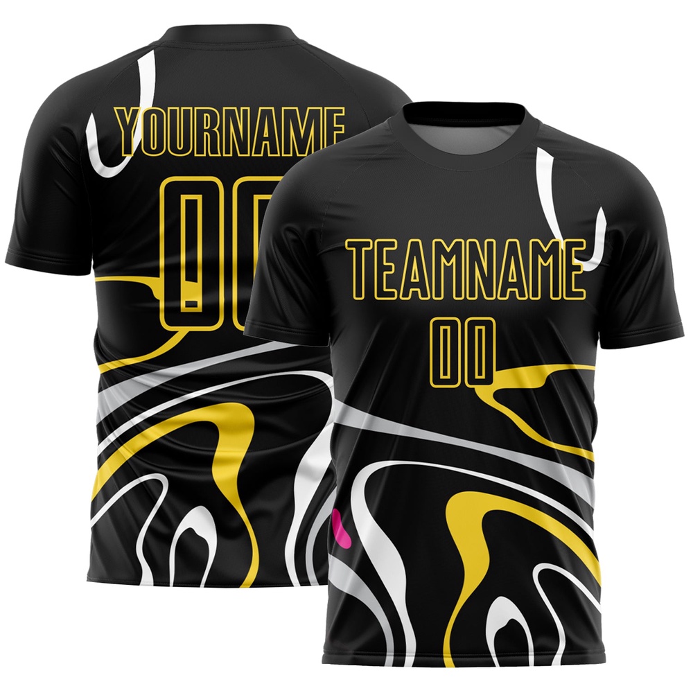 Black Gold Fluid Shapes Sublimation Soccer Uniform Jersey, Custom Team Soccer Jersey Shirt