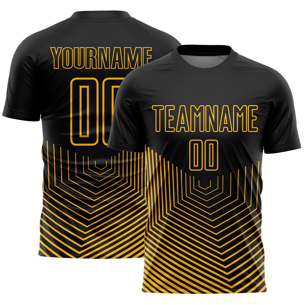 Black Gold Geometric Lines Sublimation Soccer Uniform Jersey, Custom Team Soccer Jersey Shirt