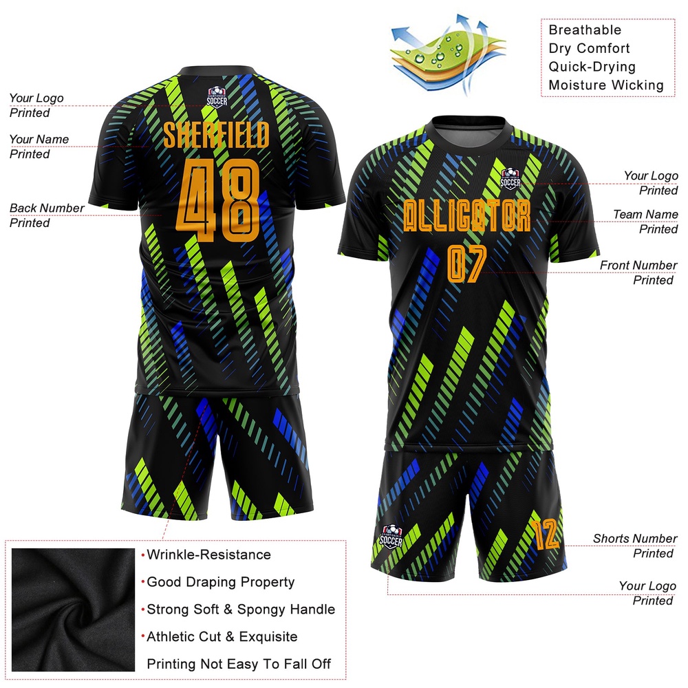 Black Gold Neon Green Sublimation Soccer Uniform Jersey, Custom Team Soccer Jersey Shirt