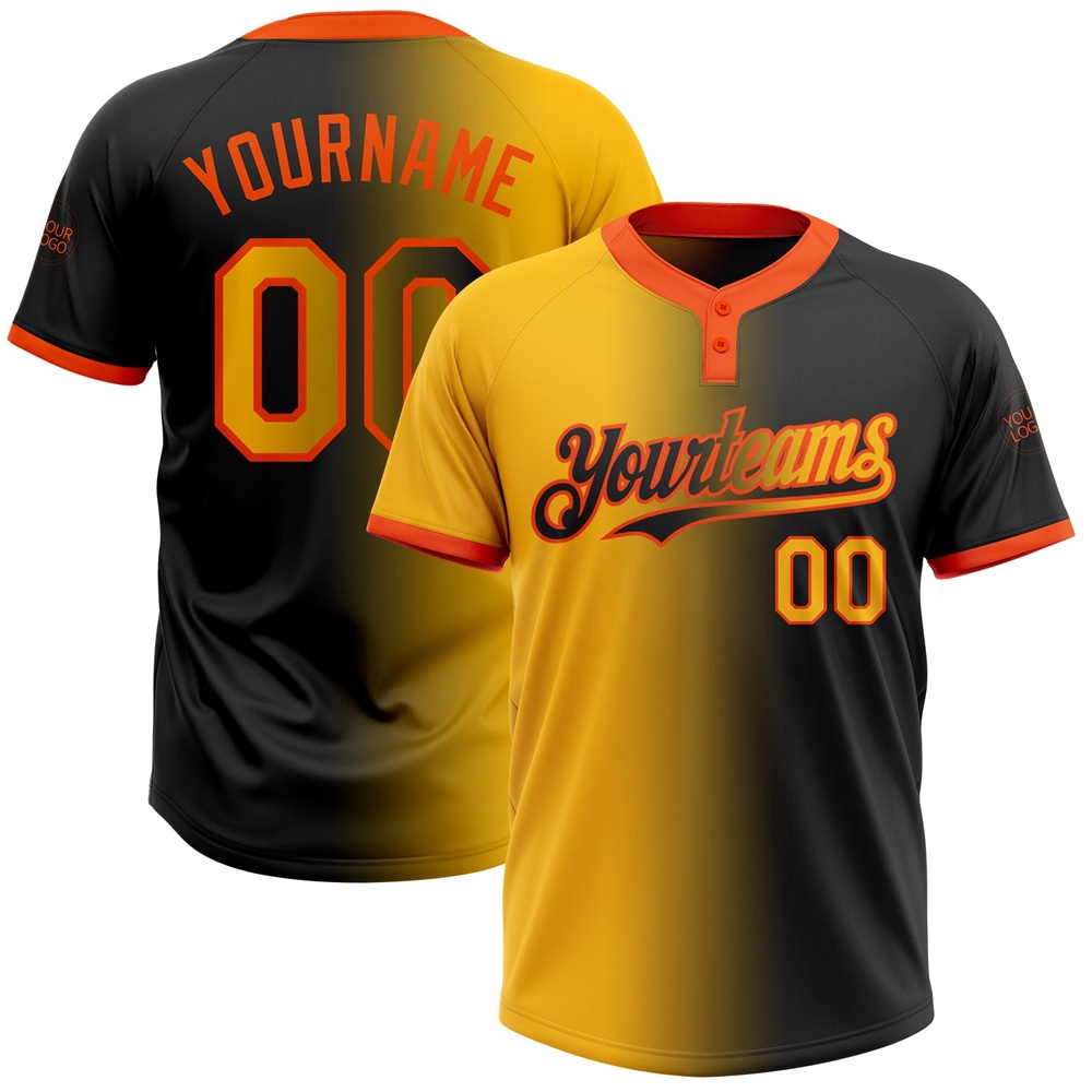 Black Gold Orange Gradient Fashion Two Button Unisex Softball Jersey, Custom Team Softball Jersey Black Gold Orange Gradient Fashion Two Button Unisex Softball Jersey, Custom Team Softball Jersey