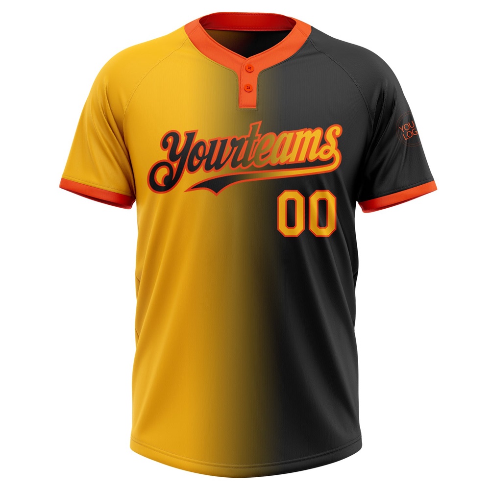Black Gold Orange Gradient Fashion Two Button Unisex Softball Jersey, Custom Team Softball Jersey Black Gold Orange Gradient Fashion Two Button Unisex Softball Jersey, Custom Team Softball Jersey