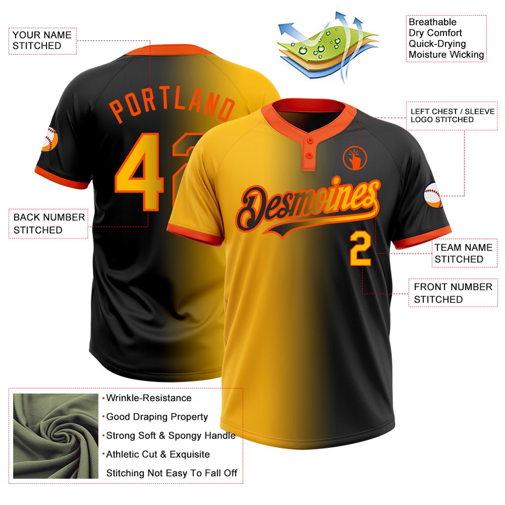 Black Gold Orange Gradient Fashion Two Button Unisex Softball Jersey, Custom Team Softball Jersey Black Gold Orange Gradient Fashion Two Button Unisex Softball Jersey, Custom Team Softball Jersey