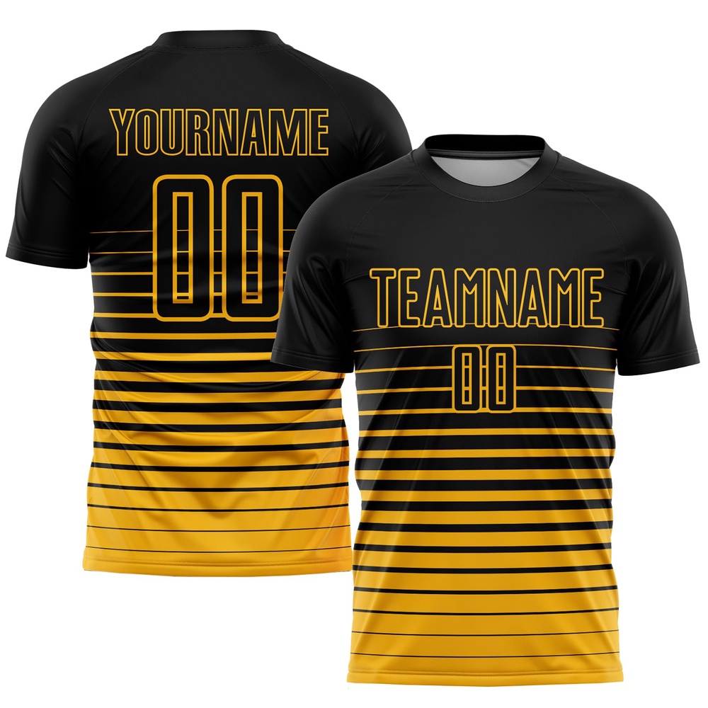 Black Gold Pinstripe Fade Fashion Sublimation Soccer Uniform Jersey, Custom Team Soccer Jersey Shirt