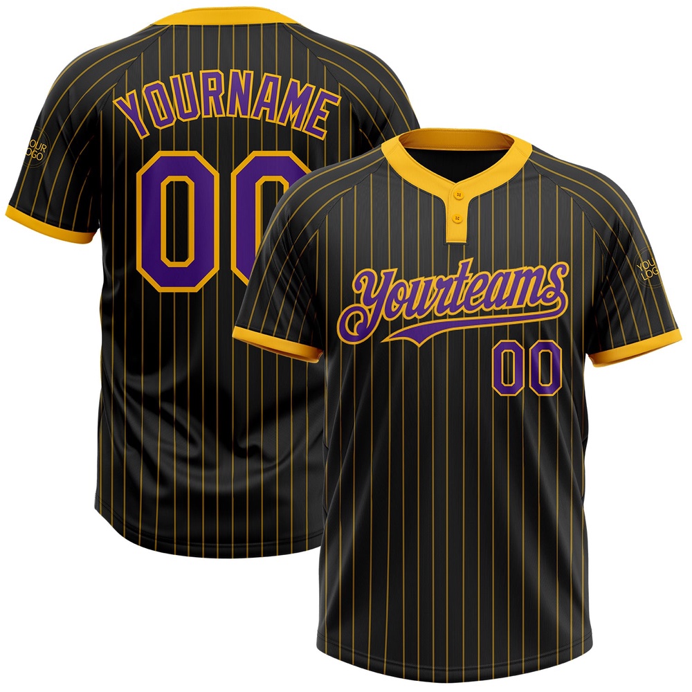 Black Gold Pinstripe Purple Two Button Unisex Softball Jersey, Custom Team Softball Jersey Black Gold Pinstripe Purple Two Button Unisex Softball Jersey, Custom Team Softball Jersey