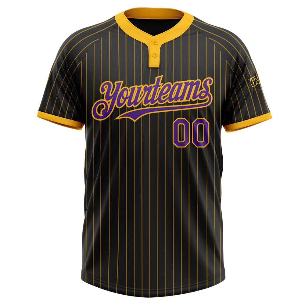 Black Gold Pinstripe Purple Two Button Unisex Softball Jersey, Custom Team Softball Jersey Black Gold Pinstripe Purple Two Button Unisex Softball Jersey, Custom Team Softball Jersey