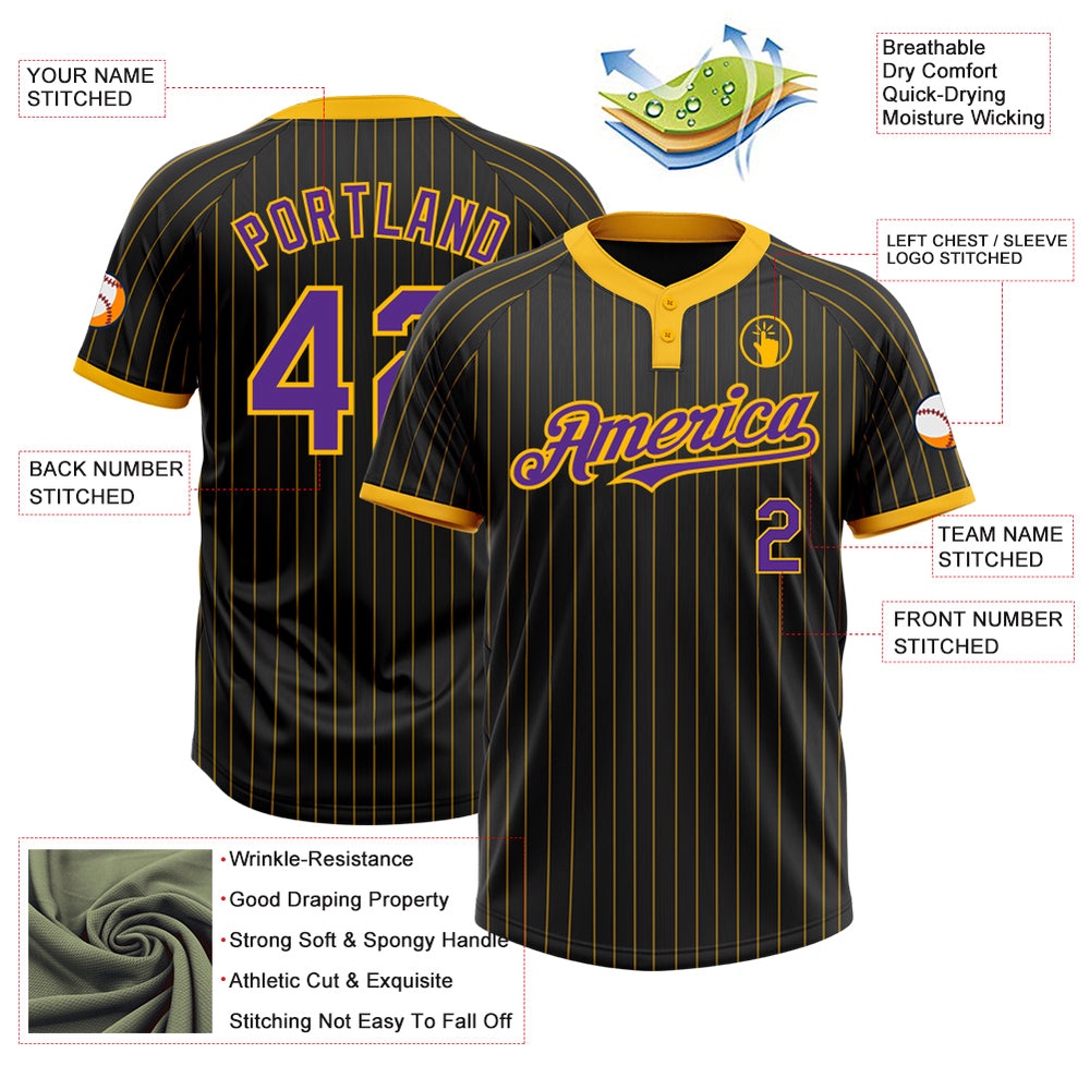 Black Gold Pinstripe Purple Two Button Unisex Softball Jersey, Custom Team Softball Jersey Black Gold Pinstripe Purple Two Button Unisex Softball Jersey, Custom Team Softball Jersey