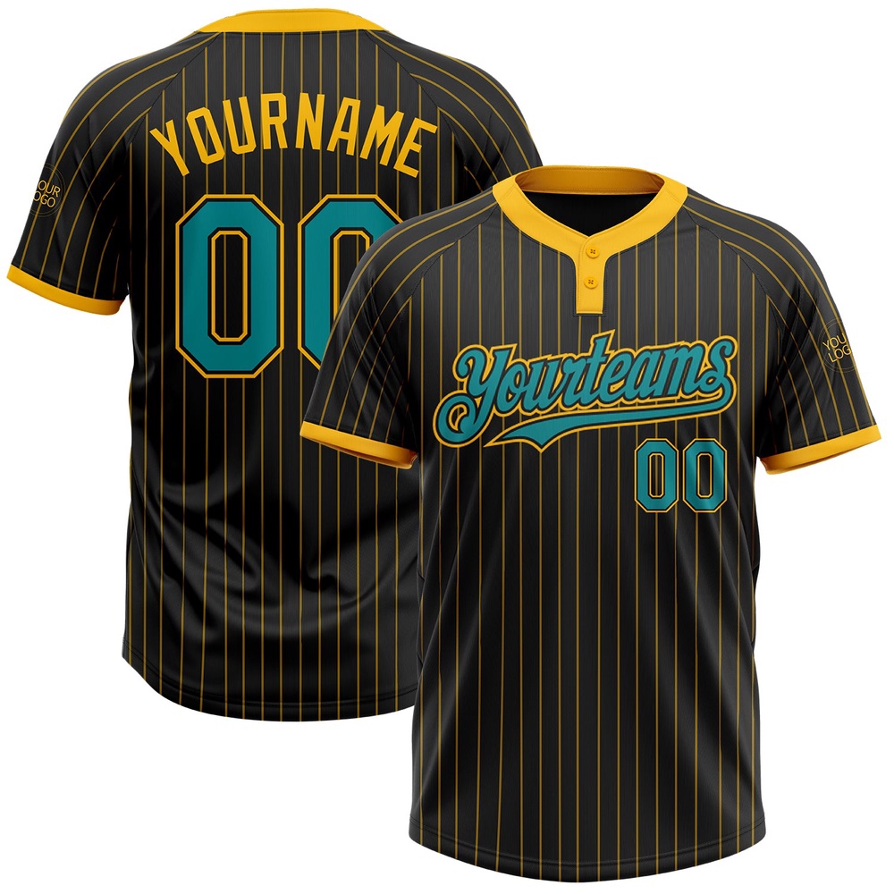 Black Gold Pinstripe Teal Two Button Unisex Softball Jersey, Custom Team Softball Jersey Black Gold Pinstripe Teal Two Button Unisex Softball Jersey, Custom Team Softball Jersey