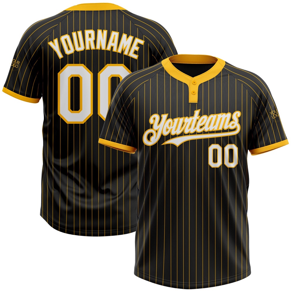 Black Gold Pinstripe White Gold Two Button Unisex Softball Jersey, Custom Team Softball Jersey Black Gold Pinstripe White Gold Two Button Unisex Softball Jersey, Custom Team Softball Jersey