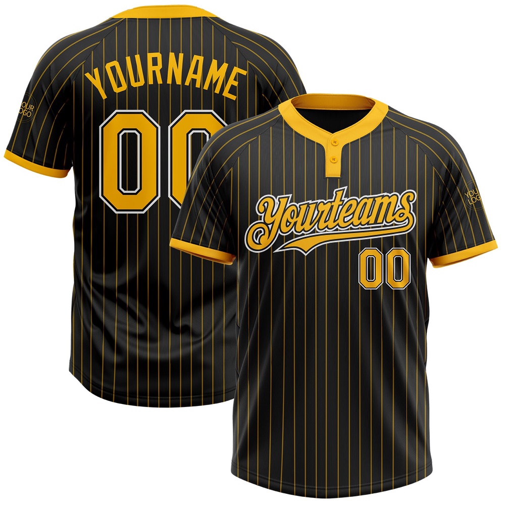 Black Gold Pinstripe White Two Button Unisex Softball Jersey, Custom Team Softball Jersey Black Gold Pinstripe White Two Button Unisex Softball Jersey, Custom Team Softball Jersey