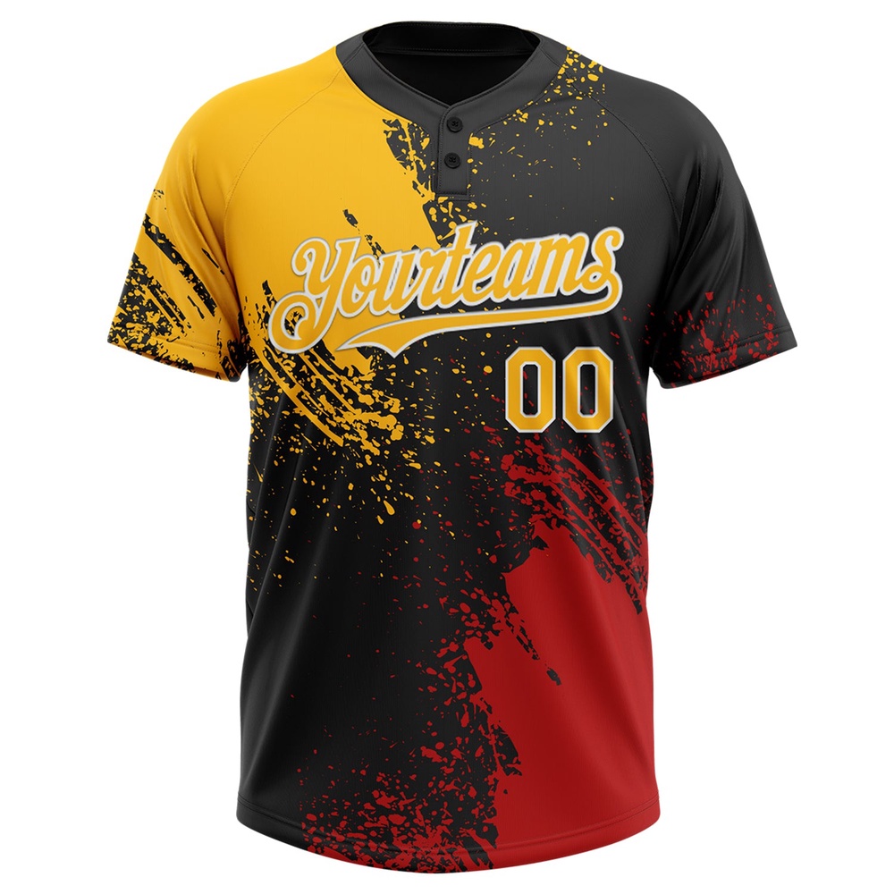 Black Gold Red 3D Pattern Abstract Brush Stroke Two Button Unisex Softball Jersey, Custom Team Softball Jersey