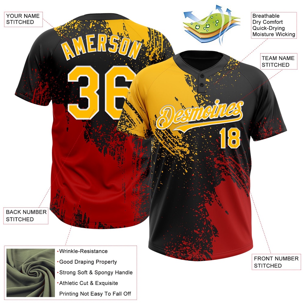 Black Gold Red 3D Pattern Abstract Brush Stroke Two Button Unisex Softball Jersey, Custom Team Softball Jersey