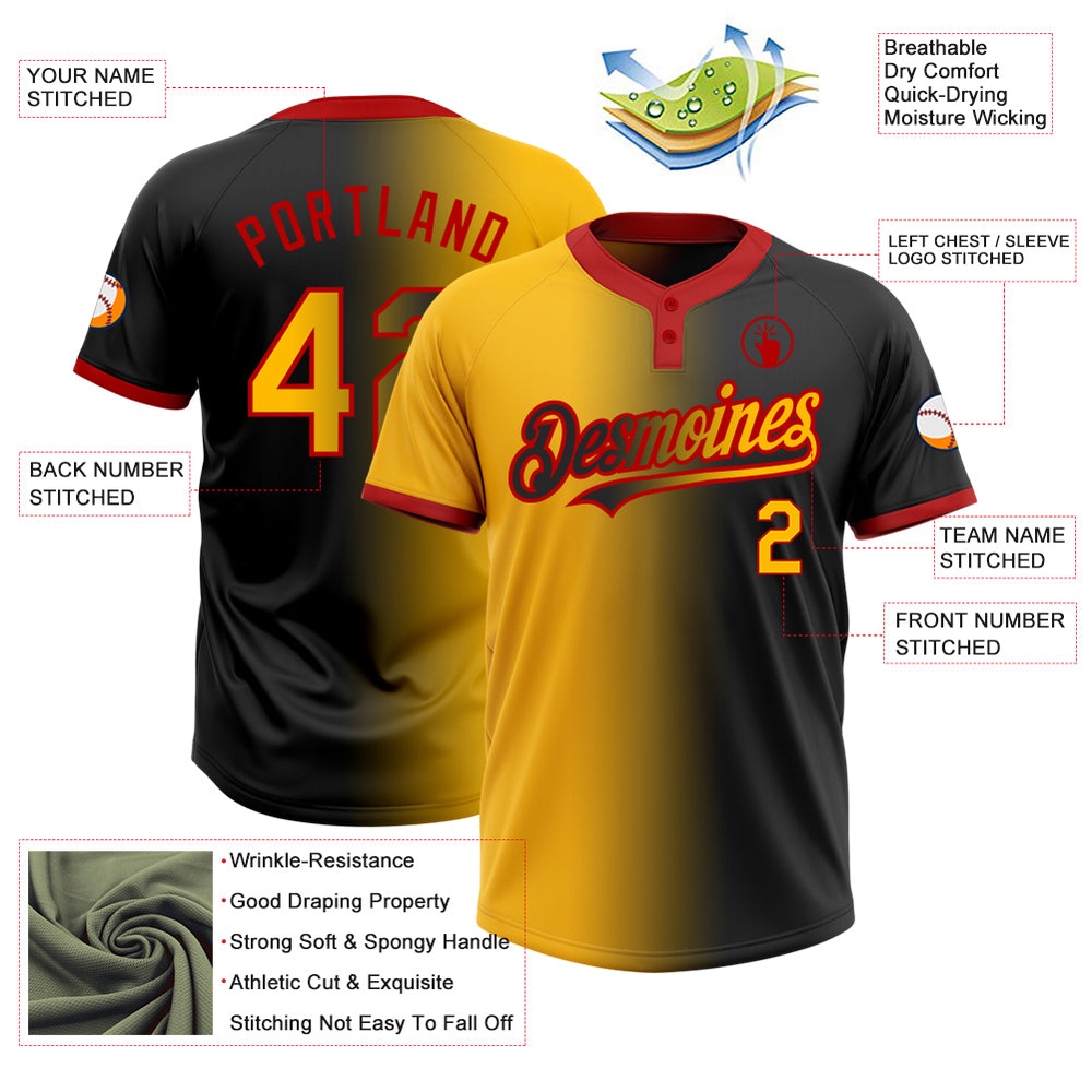 Black Gold Red Gradient Fashion Two Button Unisex Softball Jersey, Custom Team Softball Jersey Black Gold Red Gradient Fashion Two Button Unisex Softball Jersey, Custom Team Softball Jersey