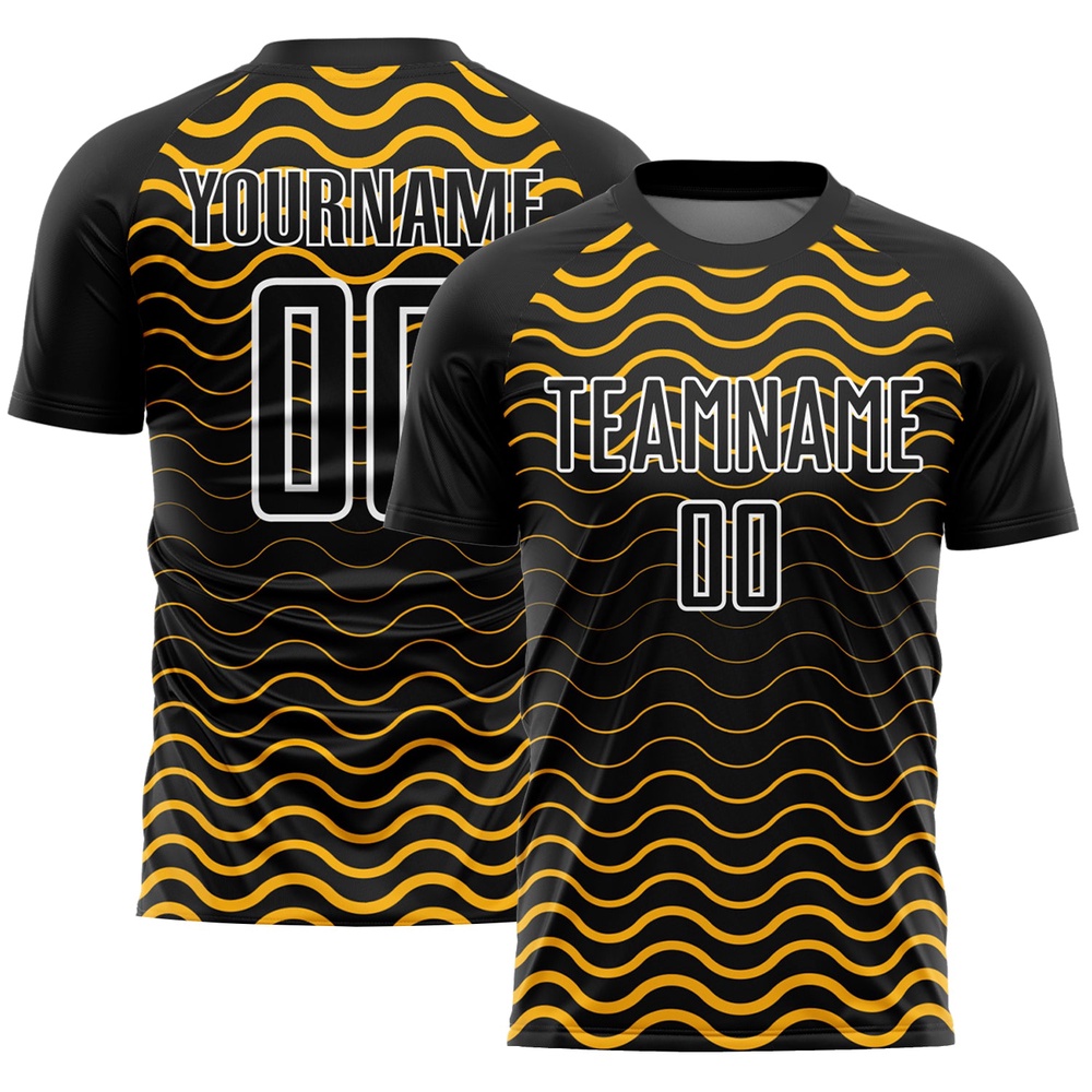 Black Gold White Geometric Lines Sublimation Soccer Uniform Jersey, Custom Team Soccer Jersey Shirt