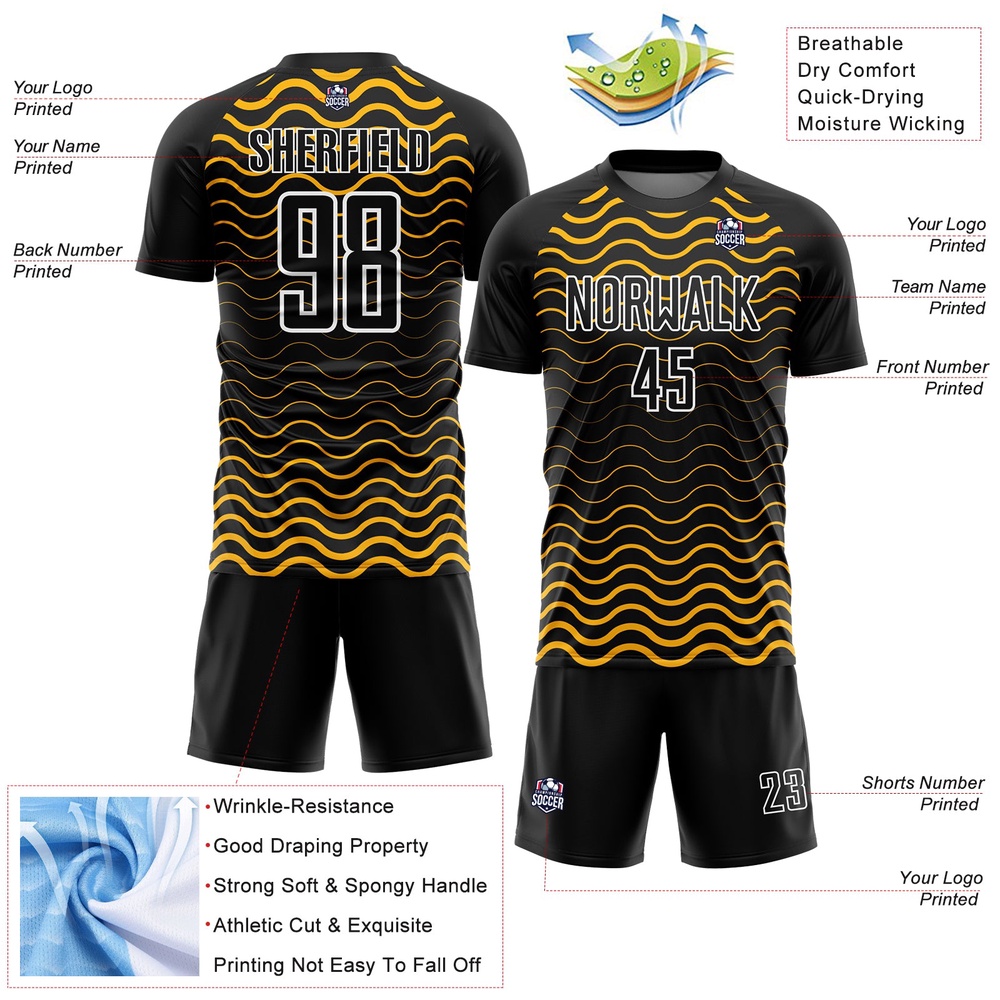 Black Gold White Geometric Lines Sublimation Soccer Uniform Jersey, Custom Team Soccer Jersey Shirt