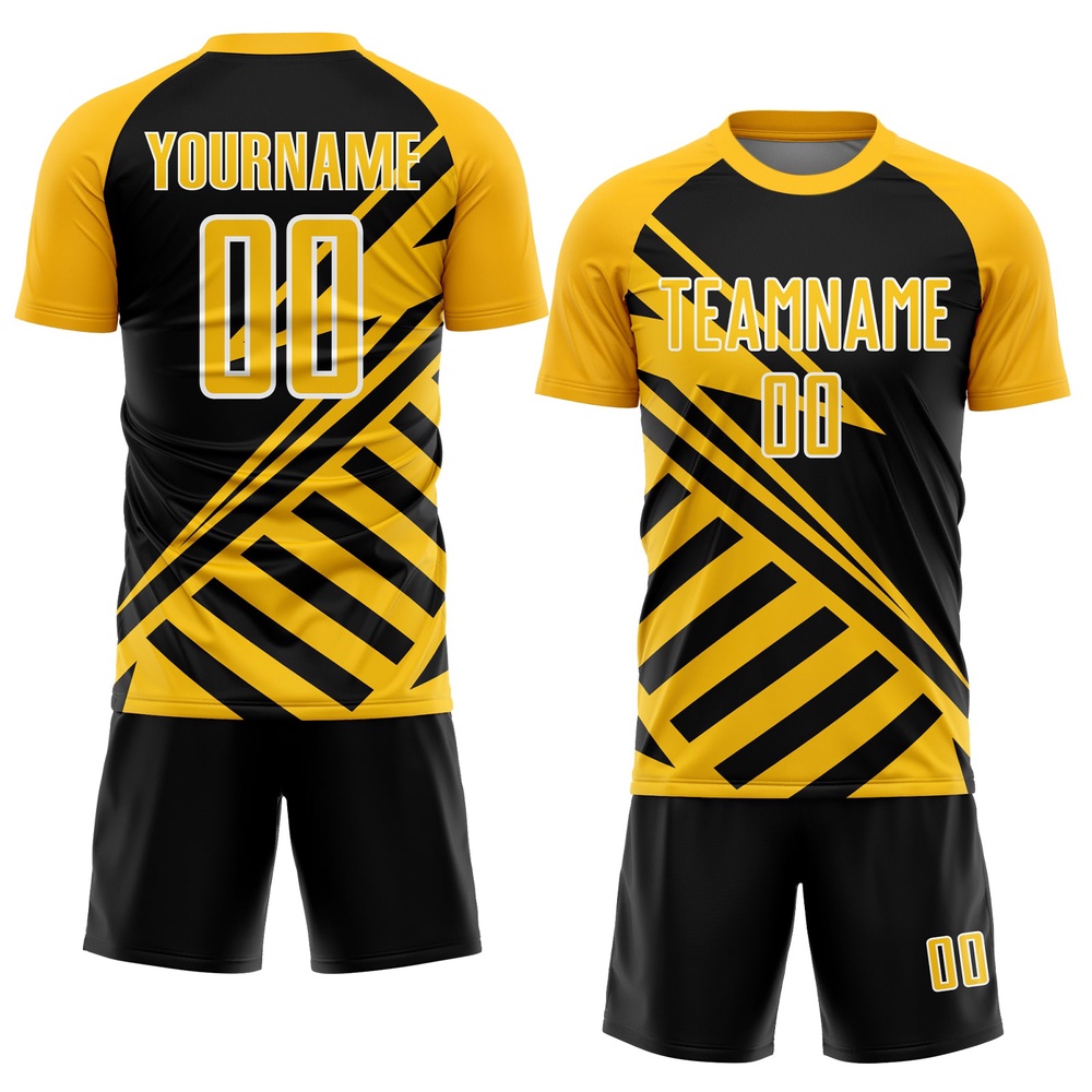 Black Gold White Lines Sublimation Soccer Uniform Jersey, Custom Team Soccer Jersey Shirt