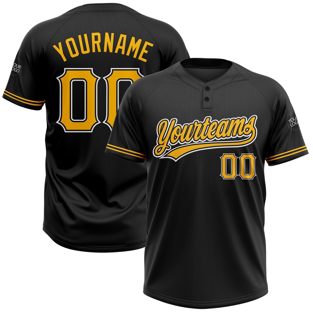 Black Gold White Two Button Unisex Softball Jersey, Custom Team Softball Jersey