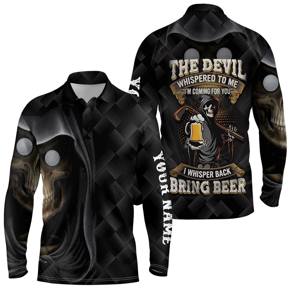 Black Golf Skull Reaper Men Golf Polo Shirts Custom Name The Devil Whispered To Me, Golf Beer Shirt, Golf Polo Shirt, Golf Shirts