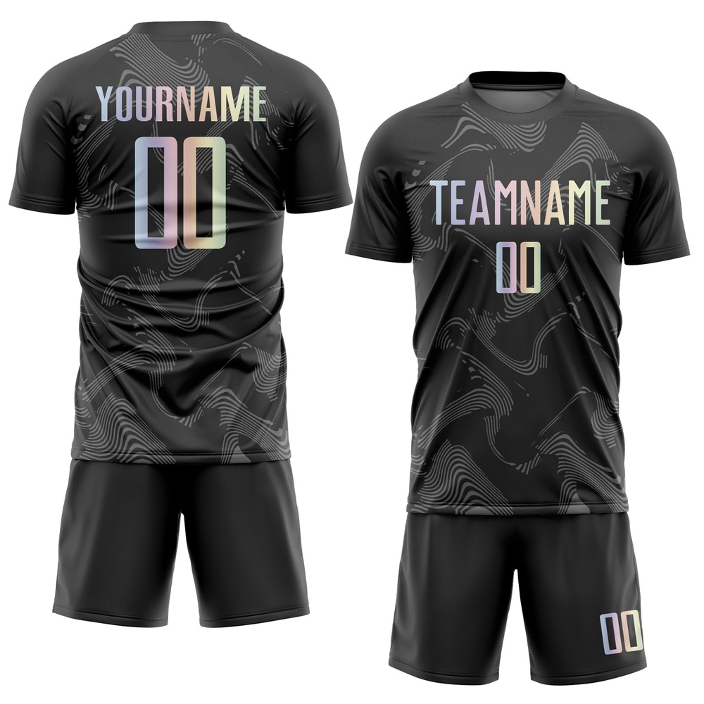 Black Gradient Gray Curve Lines Sublimation Soccer Uniform Jersey, Custom Team Soccer Jersey Shirt