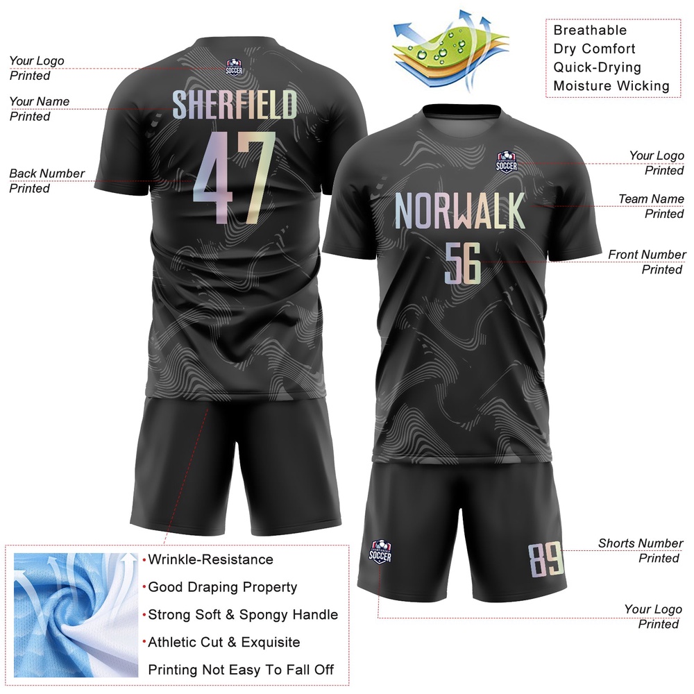 Black Gradient Gray Curve Lines Sublimation Soccer Uniform Jersey, Custom Team Soccer Jersey Shirt