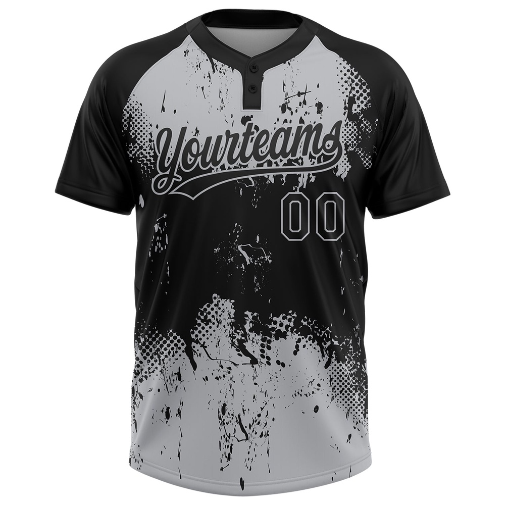Black Gray 3D Pattern Abstract Splatter Grunge Art Two Button Unisex Softball Jersey, Custom Team Softball Jersey