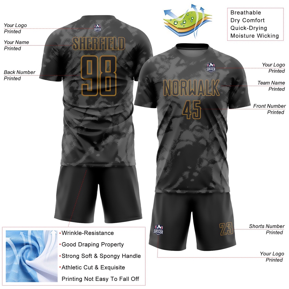 Black Gray Old Gold Abstract Grunge Art Sublimation Soccer Uniform Jersey, Custom Team Soccer Jersey Shirt Black Gray Old Gold Abstract Grunge Art Sublimation Soccer Uniform Jersey, Custom Team Soccer Jersey Shirt