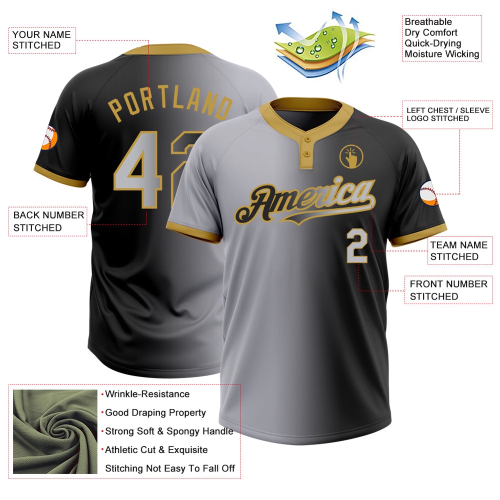 Black Gray Old Gold Gradient Fashion Two Button Unisex Softball Jersey, Custom Team Softball Jersey