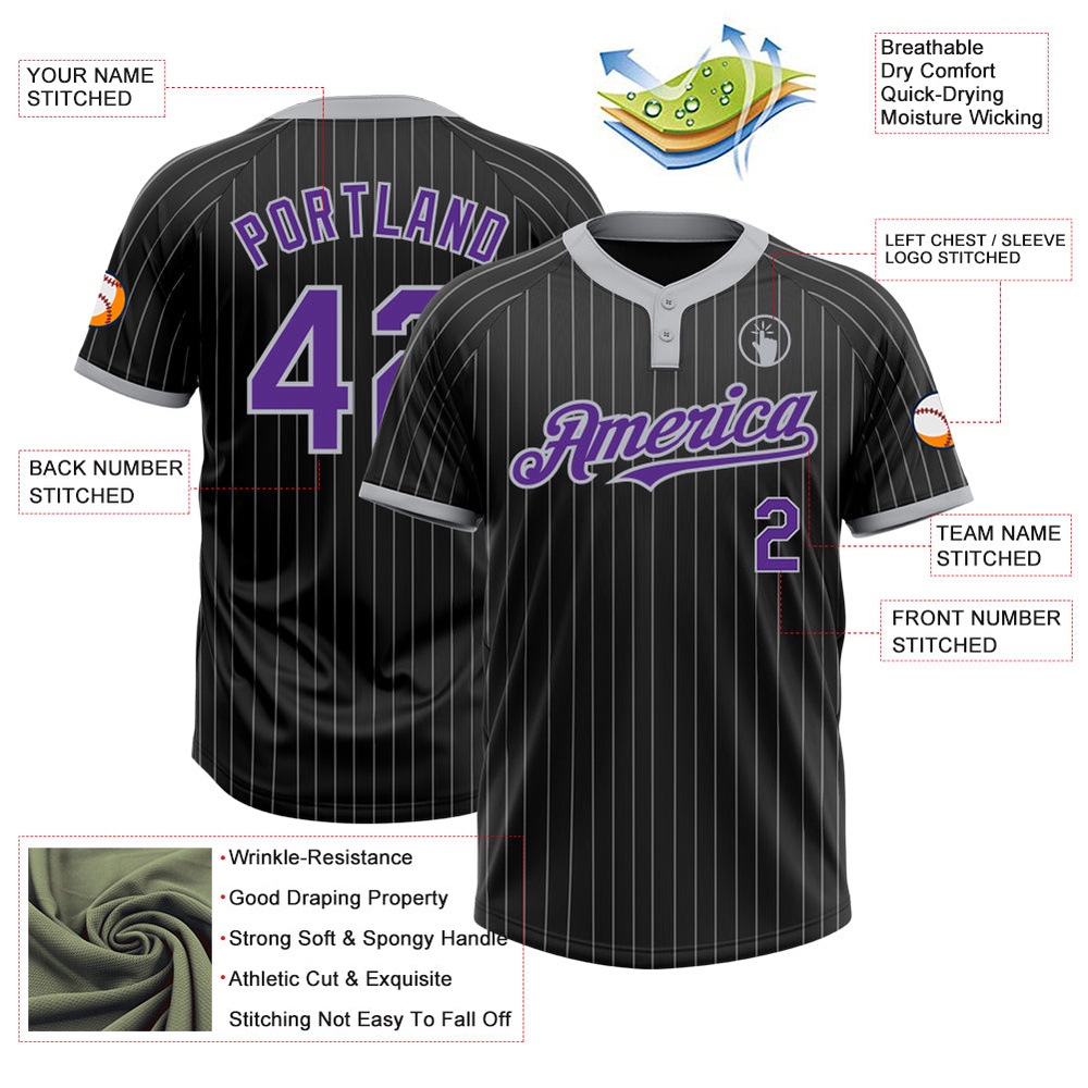 Black Gray Pinstripe Purple Two Button Unisex Softball Jersey, Custom Team Softball Jersey
