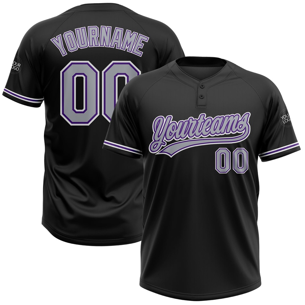 Black Gray Purple Two Button Unisex Softball Jersey, Custom Team Softball Jersey