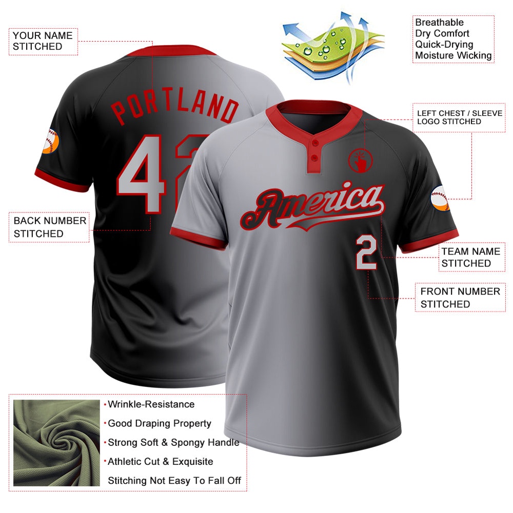 Black Gray Red Gradient Fashion Two Button Unisex Softball Jersey, Custom Team Softball Jersey