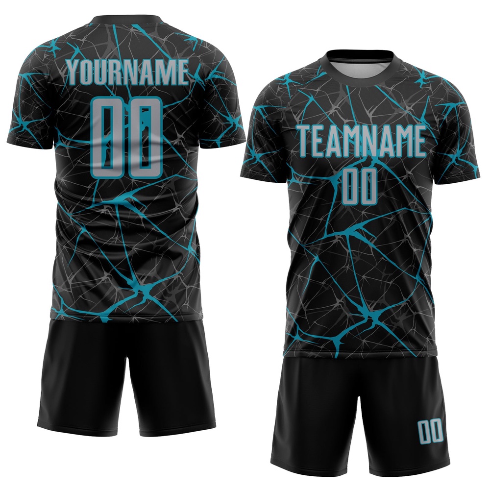 Black Gray Teal Sublimation Soccer Uniform Jersey, Custom Team Soccer Jersey Shirt