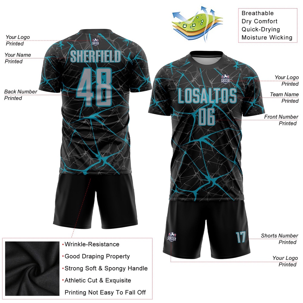 Black Gray Teal Sublimation Soccer Uniform Jersey, Custom Team Soccer Jersey Shirt