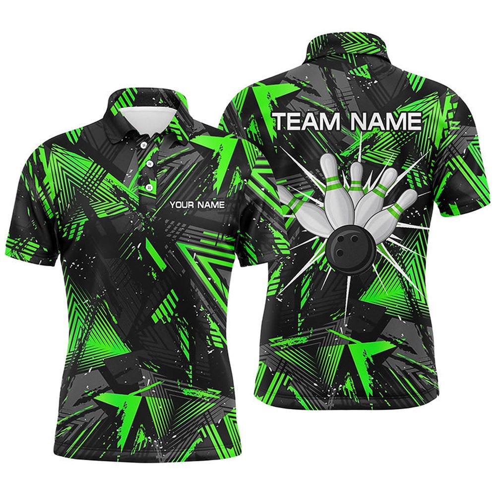 Black Green Camo Bowling Polo Shirt For Men, Bowling Team Shirts Polo Shirt, Personalized Bowling Team Shirt