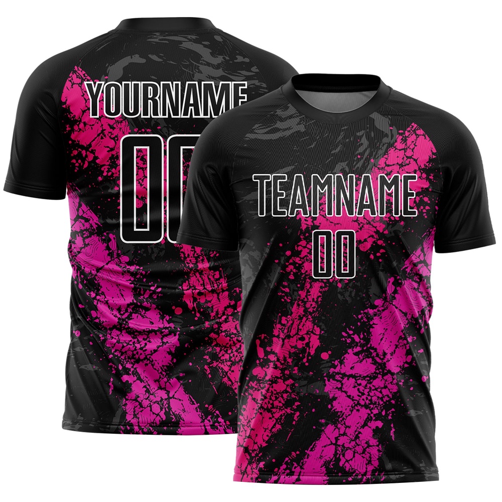 Black Hot Pink Deep Pink Dripping Splatter Art Sublimation Soccer Uniform Jersey, Custom Team Soccer Jersey Shirt