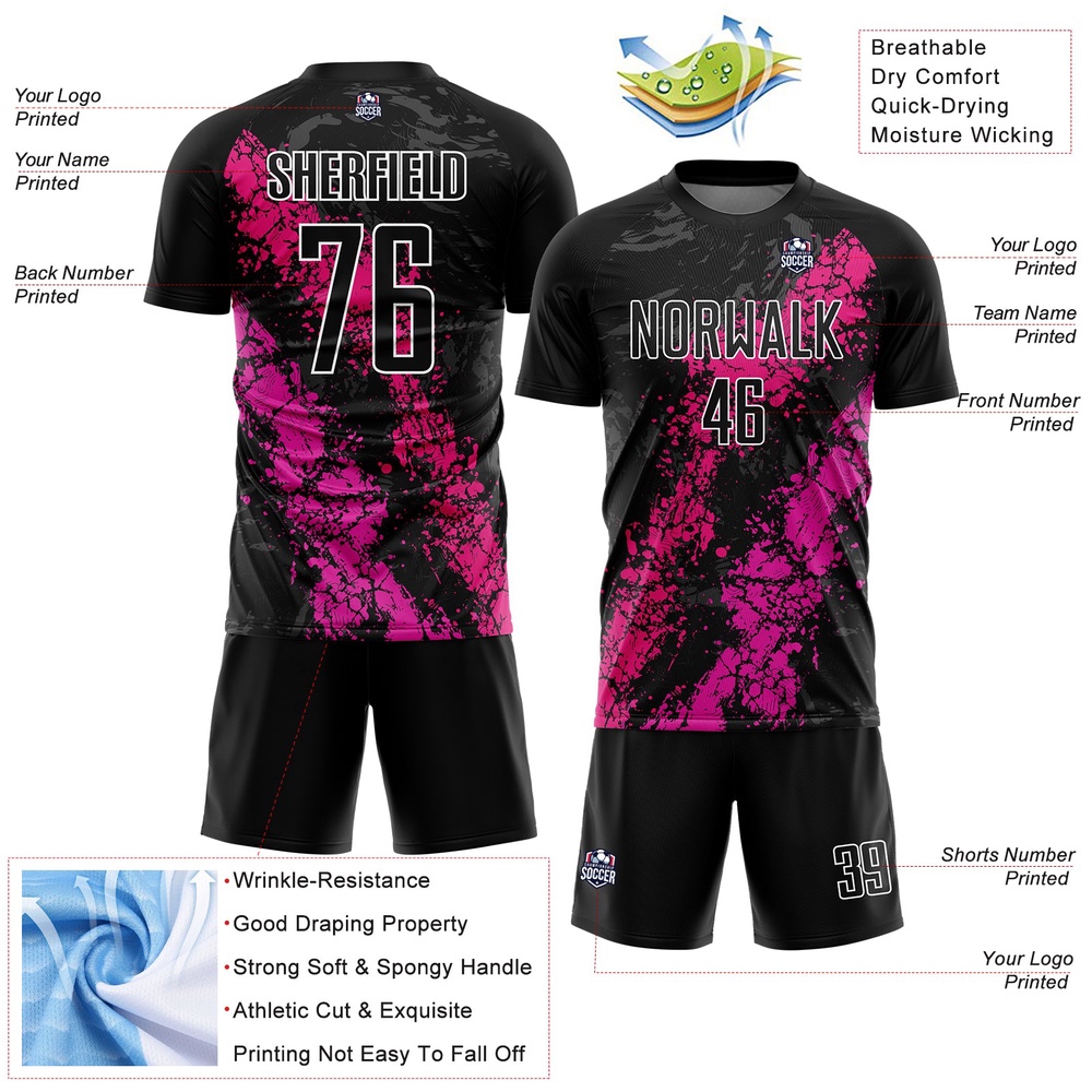 Black Hot Pink Deep Pink Dripping Splatter Art Sublimation Soccer Uniform Jersey, Custom Team Soccer Jersey Shirt