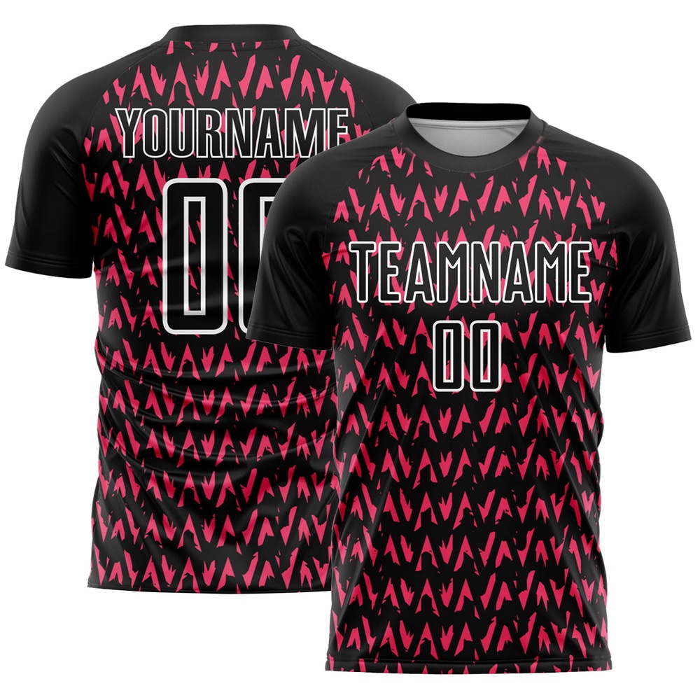 Black Hot Pink White Abstract Geometric Pattern Sublimation Soccer Uniform Jersey, Custom Team Soccer Jersey Shirt