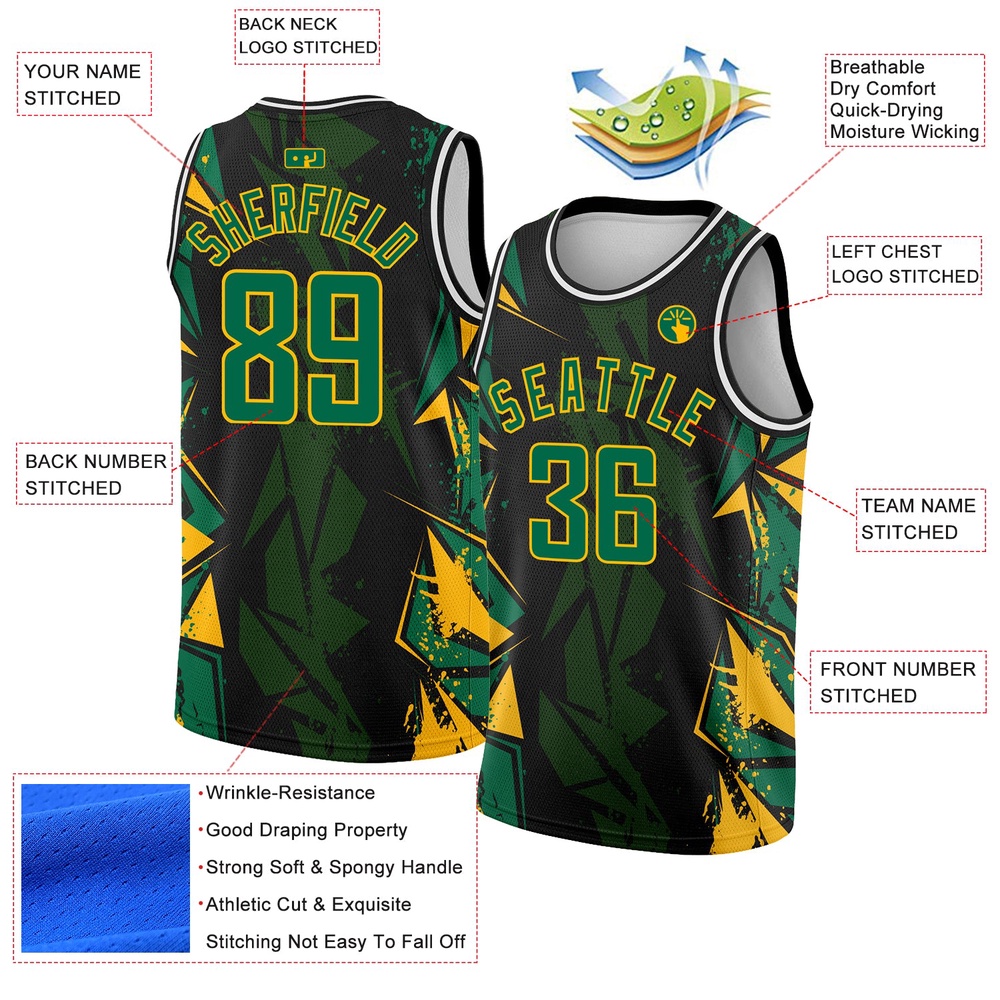 Black Kelly Green Gold 3D Pattern Design Geometric Shapes Authentic Basketball Jersey, Custom Team Soccer Jersey Shirt