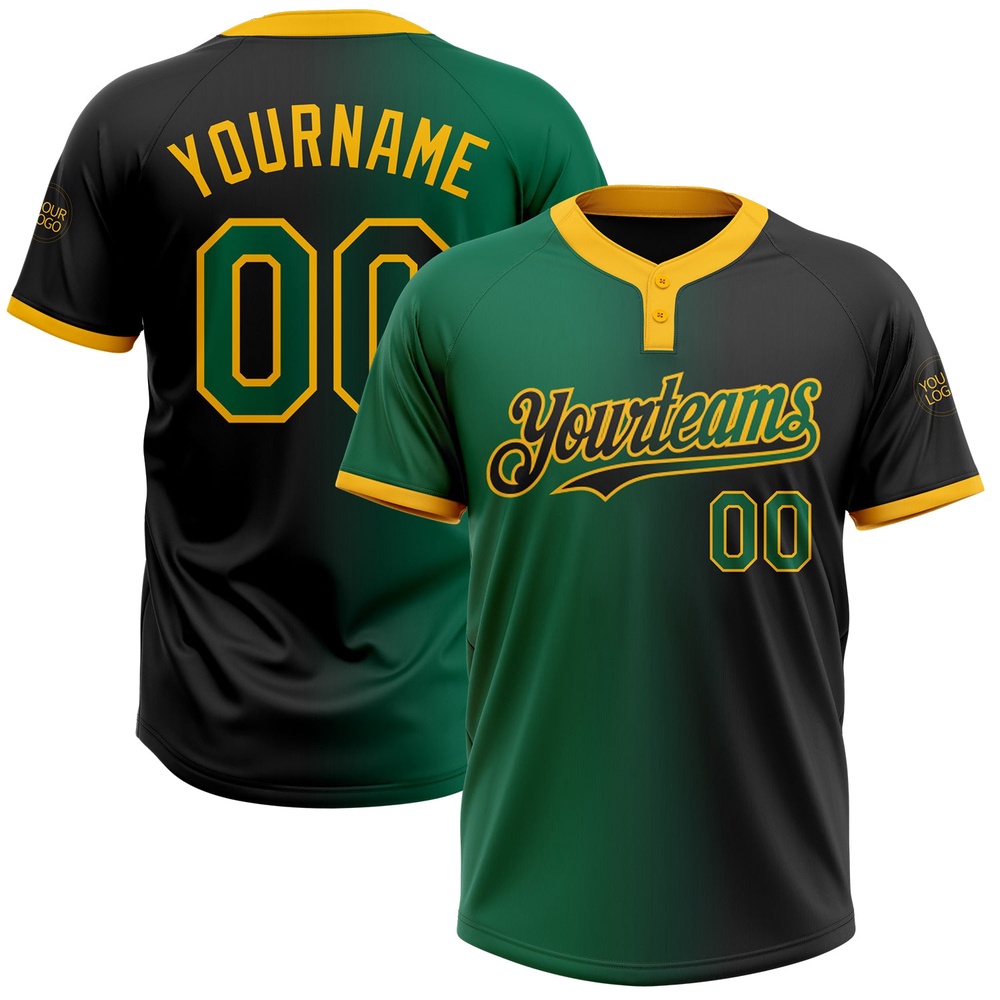 Black Kelly Green Gold Gradient Fashion Two Button Unisex Softball Jersey, Custom Team Softball Jersey