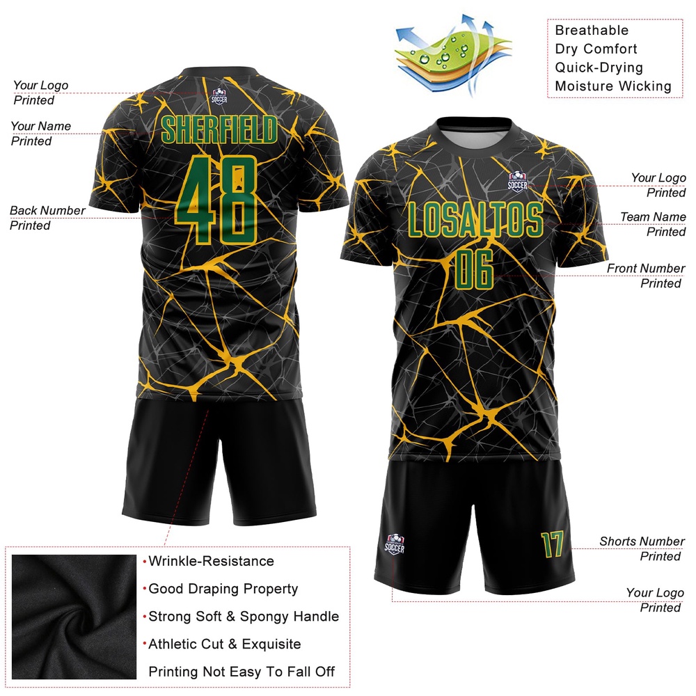 Black Kelly Green Gold Sublimation Soccer Uniform Jersey, Custom Team Soccer Jersey Shirt