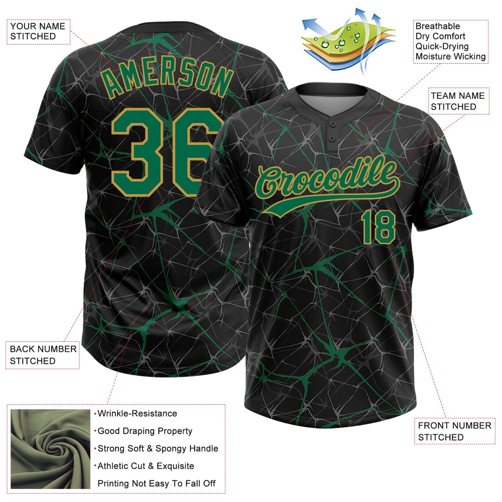 Black Kelly Green Old Gold 3D Pattern Abstract Network Two Button Unisex Softball Jersey, Custom Team Softball Jersey Black Kelly Green Old Gold 3D Pattern Abstract Network Two Button Unisex Softball Jersey, Custom Team Softball Jersey