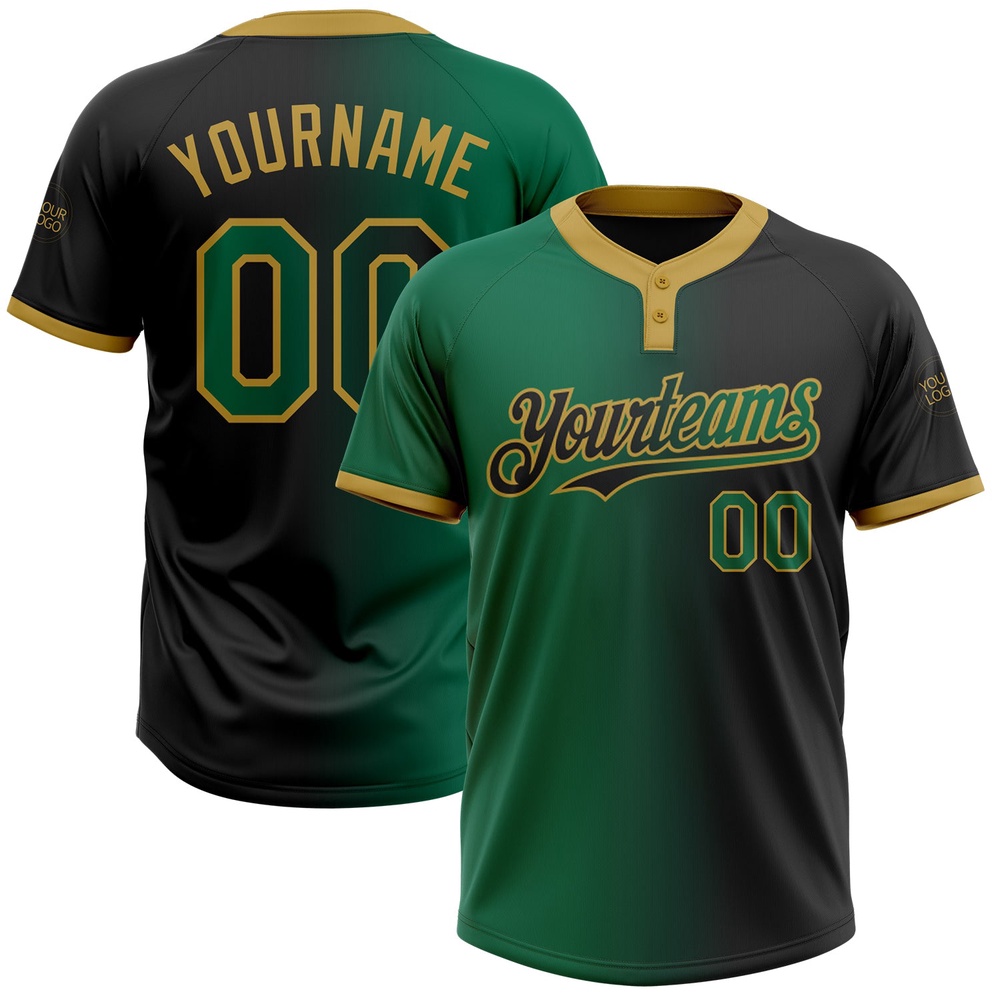 Black Kelly Green Old Gold Gradient Fashion Two Button Unisex Softball Jersey, Custom Team Softball Jersey